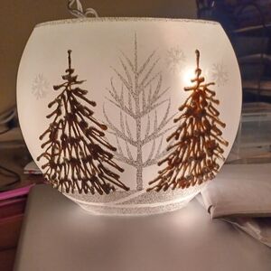 Cracker Barrel Frosted Glass Luminary with Brown and Silver Trees